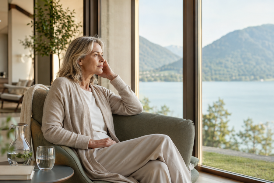 Frau sitzt entspannt in einem Sessel mit Blick auf den Tegernsee und die Berge, Sinnbild für Regeneration bei Erschöpfung trotz Urlaub in der MedVital Gesundheitsresidenz.