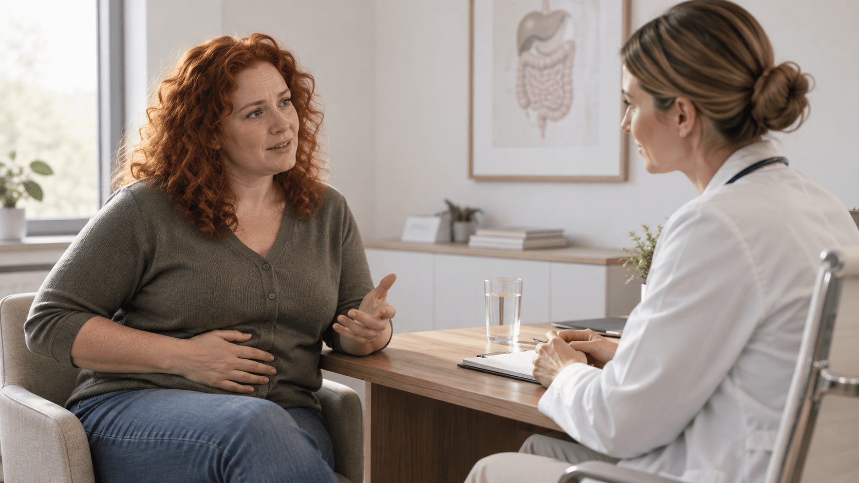 Patientin mit roten Locken im Arztgespräch wegen Reizdarm und Bauchbeschwerden in einer modernen Praxis.